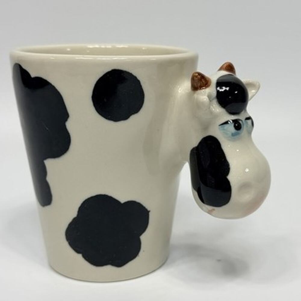 Vintage Farm Cow Ceramic Mug Cow Head Handle 3D Sculpted Black White